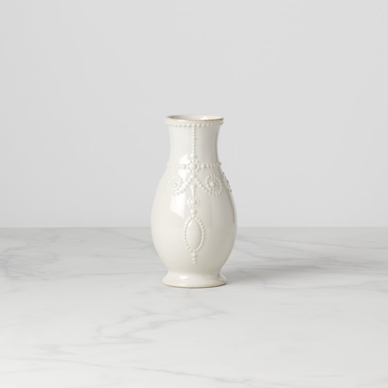 White Ceramic Fluted Table Vase with Embossed Design