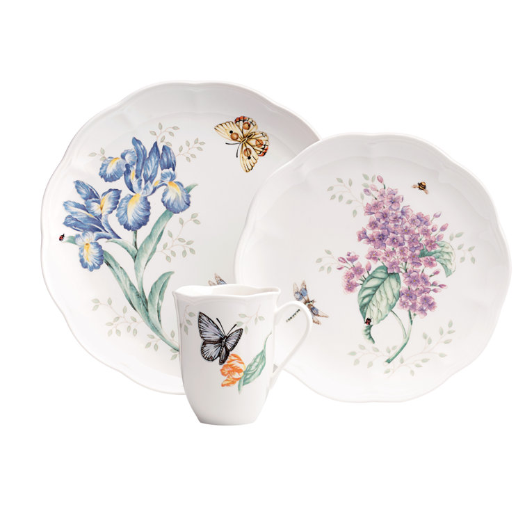 Butterfly Meadow 18-Piece White Porcelain Dinnerware Set with Floral Graphics