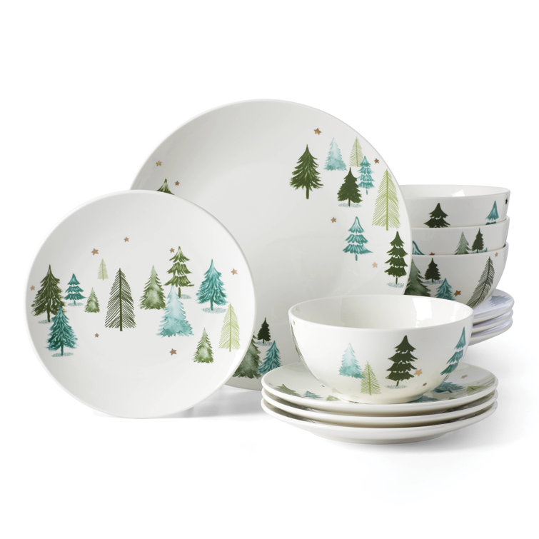 Balsam Lane 12-Piece White Porcelain Holiday Dinnerware Set