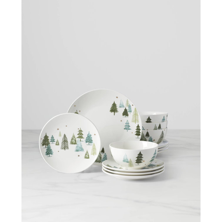 Balsam Lane 12-Piece White Porcelain Holiday Dinnerware Set