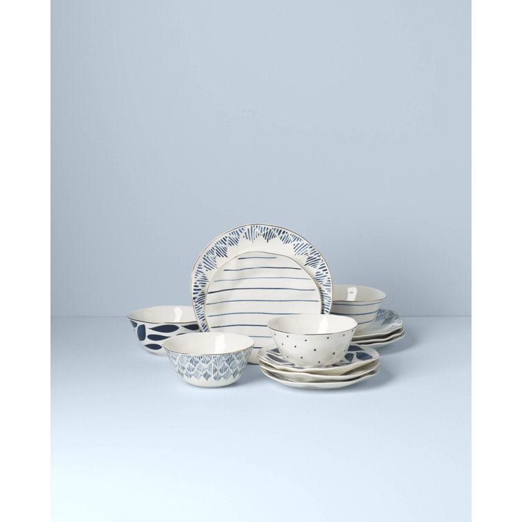 Blue and White Porcelain 12-Piece Floral Dinnerware Set