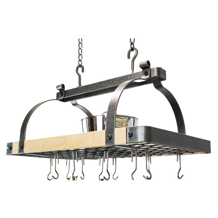 Maple and Hammered Steel Ceiling Pot Rack with 24 Hooks