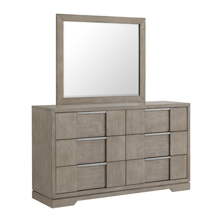 Gray Wood 6-Drawer Dresser with Mirror and Felt Lining