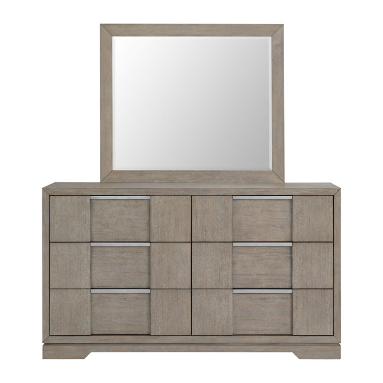 Gray Wood 6-Drawer Dresser with Mirror and Felt Lining