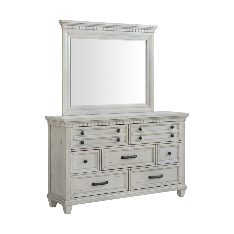 Antique White 7-Drawer Dresser with Mirror and Felt Lined Drawers