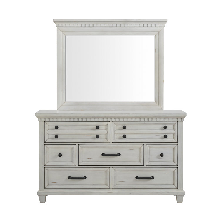 Antique White 7-Drawer Dresser with Mirror and Felt Lined Drawers
