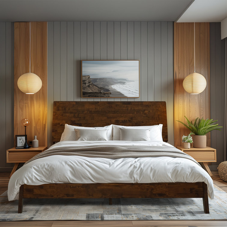 Walnut Queen Solid Wood Bed Frame with High Headboard