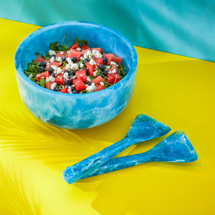 Turquoise Marbleized Plastic Salad Bowl, 11'' Diameter