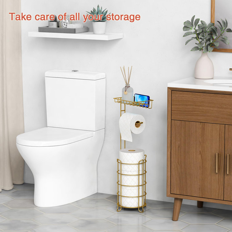 Gold Metal Free Standing Toilet Paper Holder with Storage Tray