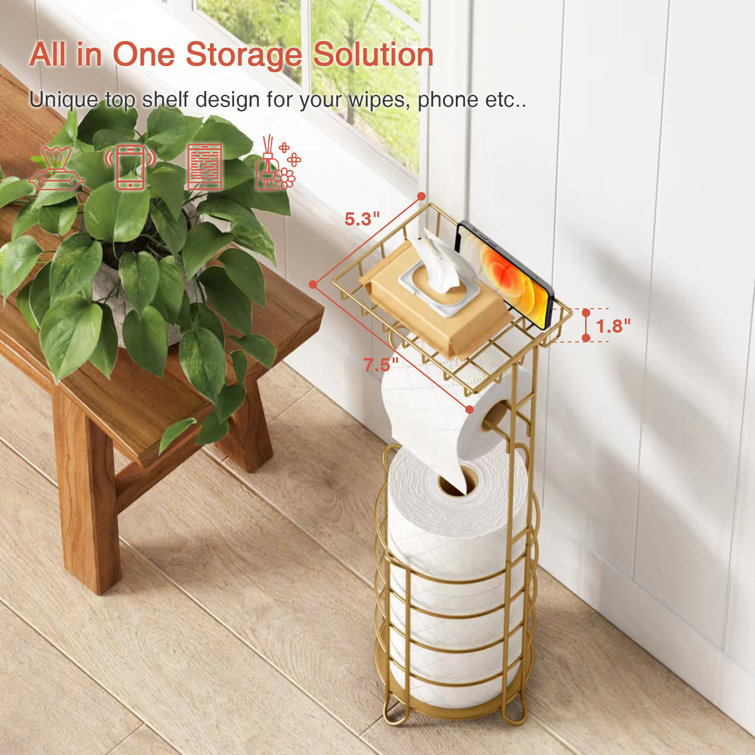Gold Metal Free Standing Toilet Paper Holder with Storage Tray