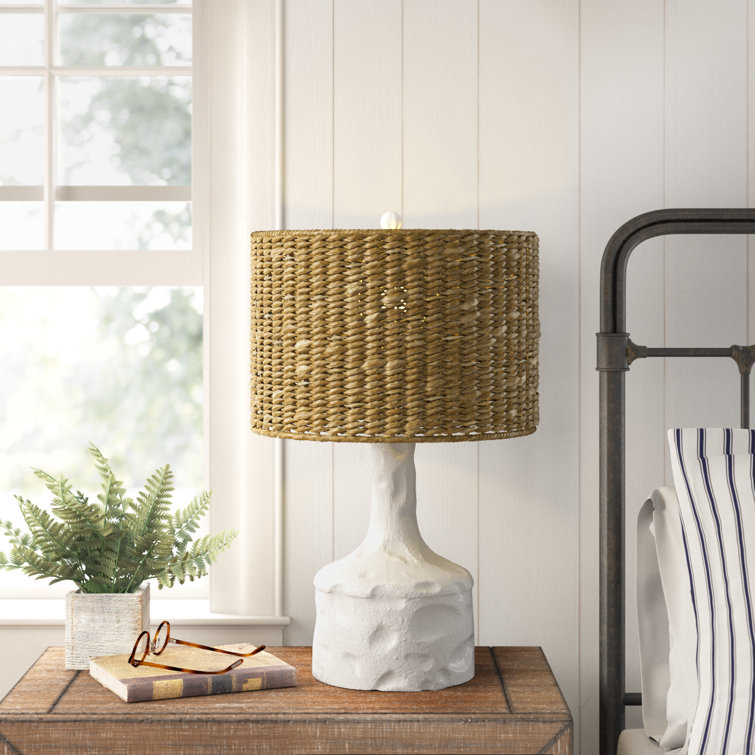White Resin Table Lamp with Tan Seagrass Shade