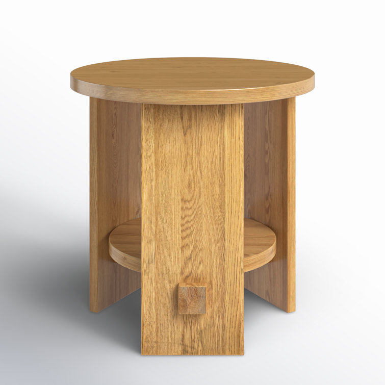 Honey Oak Round End Table with Shelf