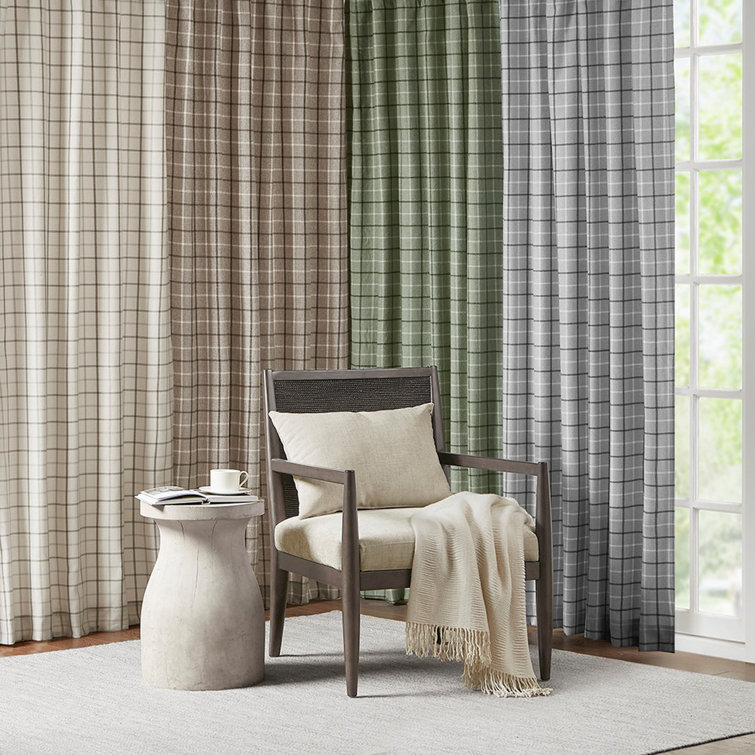 Brown Plaid Polyester Light-Filtering Curtain Panel with Fleece Lining