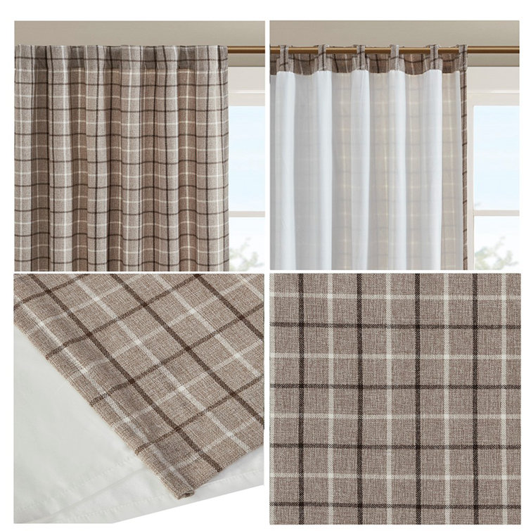 Brown Plaid Polyester Light-Filtering Curtain Panel with Fleece Lining