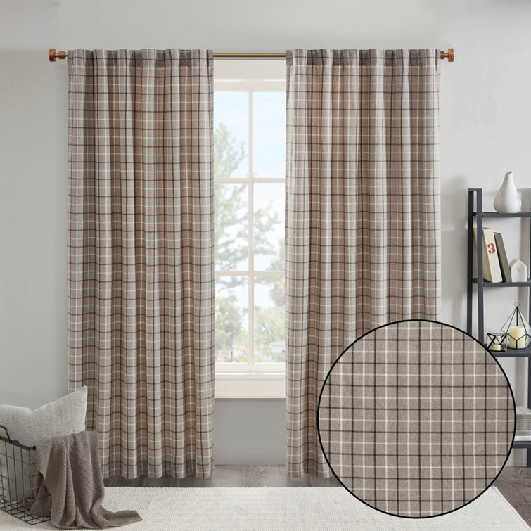 Brown Plaid Polyester Light-Filtering Curtain Panel with Fleece Lining