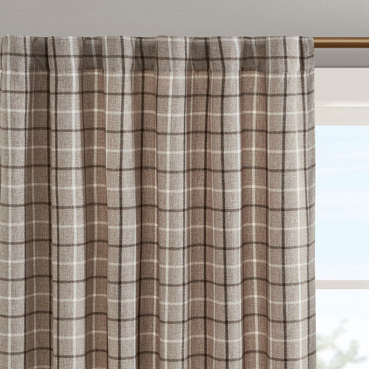 Brown Plaid Polyester Light-Filtering Curtain Panel with Fleece Lining
