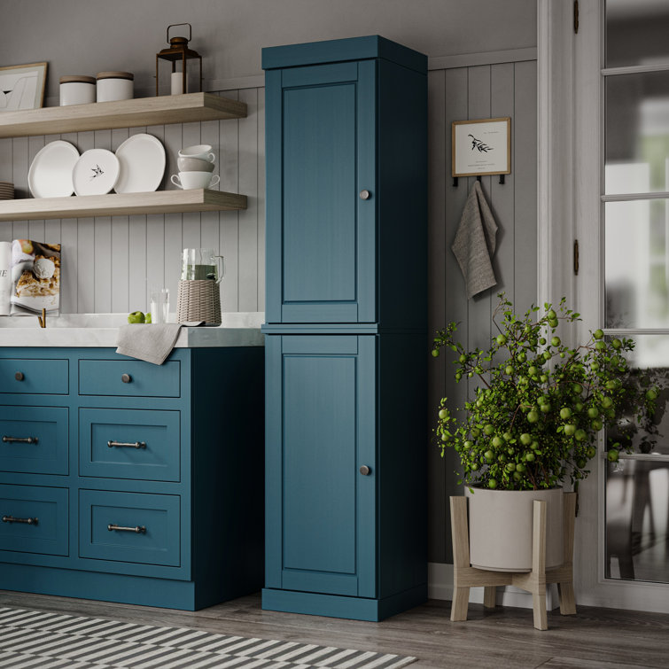 Teal Blue Solid Wood Raised Panel Pantry Cabinet with Adjustable Shelves