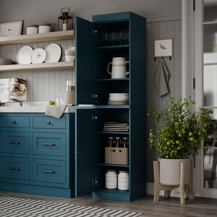 Teal Blue Solid Wood Raised Panel Pantry Cabinet with Adjustable Shelves