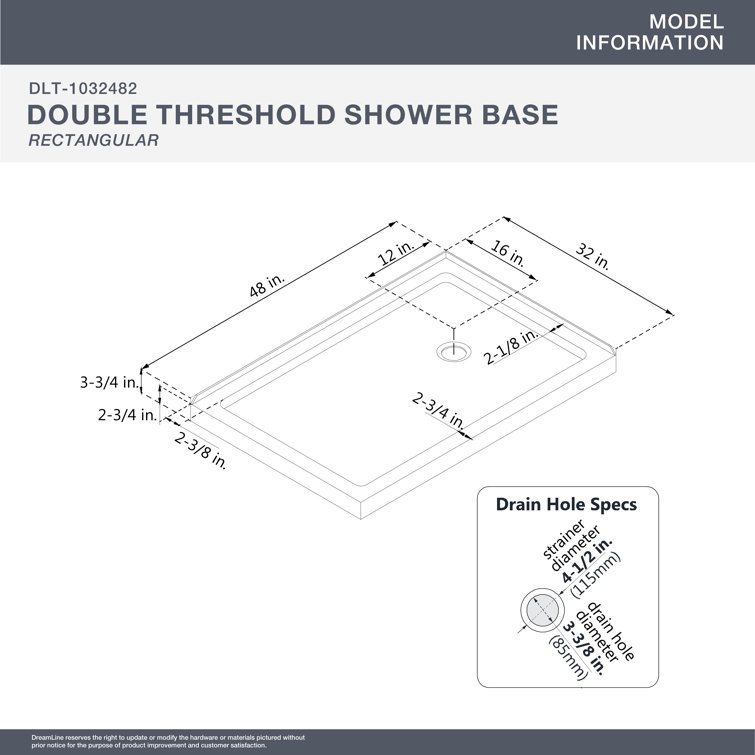Slimline White Acrylic 48 x 32 Corner Shower Base with Right Drain