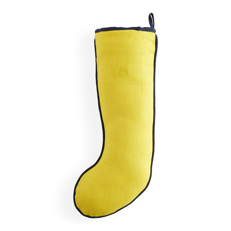 Yellow Linen Embroidered Holiday Stocking with Beadwork
