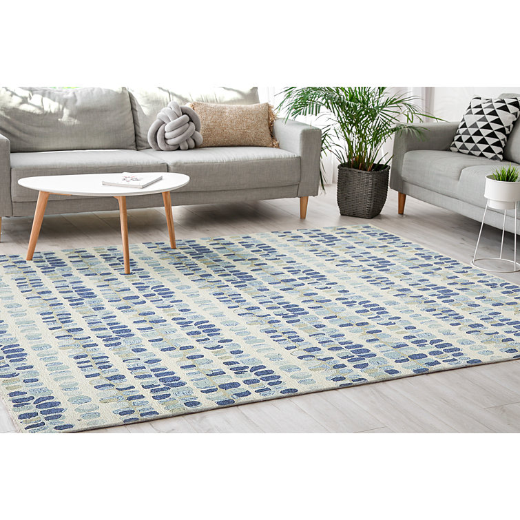 Handmade Navy and Beige Wool Tufted Rectangular Area Rug