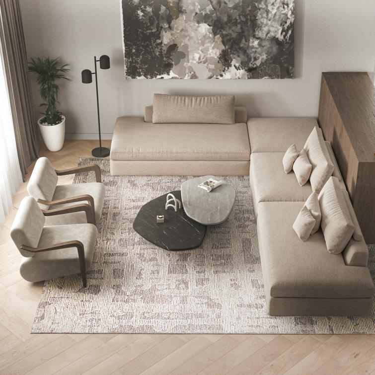 Handmade Beige and Ivory Wool Tufted Rectangular Rug 6' x 9'