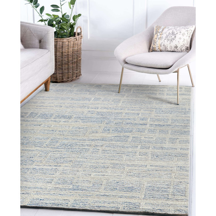 Ivory and Blue Handmade Wool Tufted Rectangular Area Rug