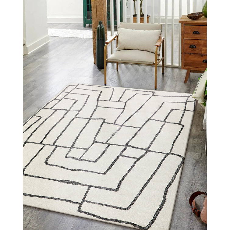 Ivory and Black Hand-Tufted Wool Rectangular Area Rug, 2' x 3'