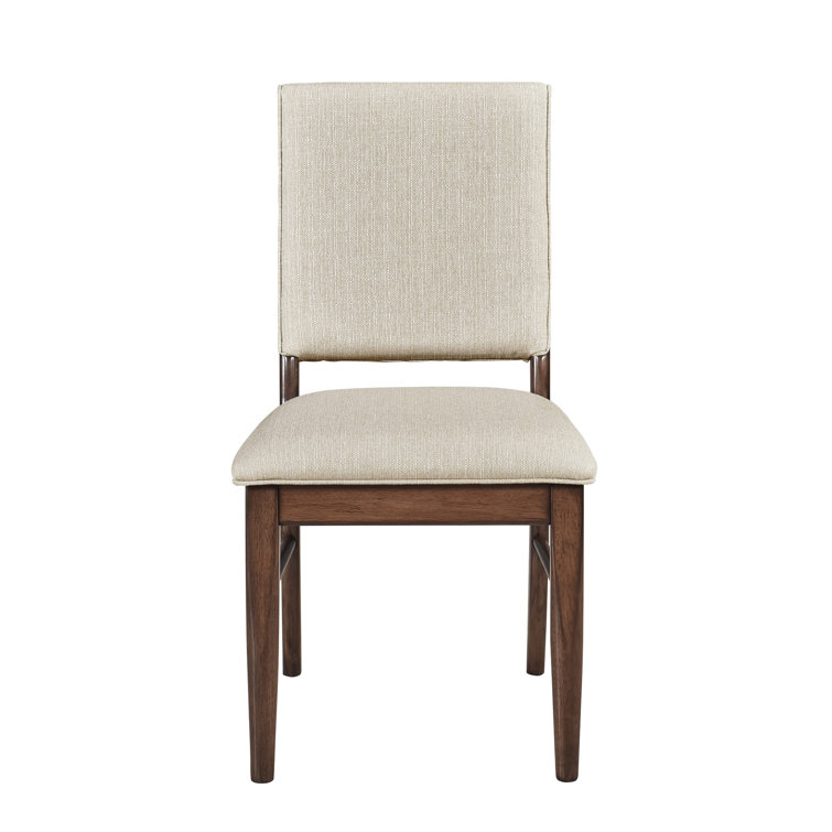 Set of 2 Beige Upholstered Side Chairs with Brown Wood Frame