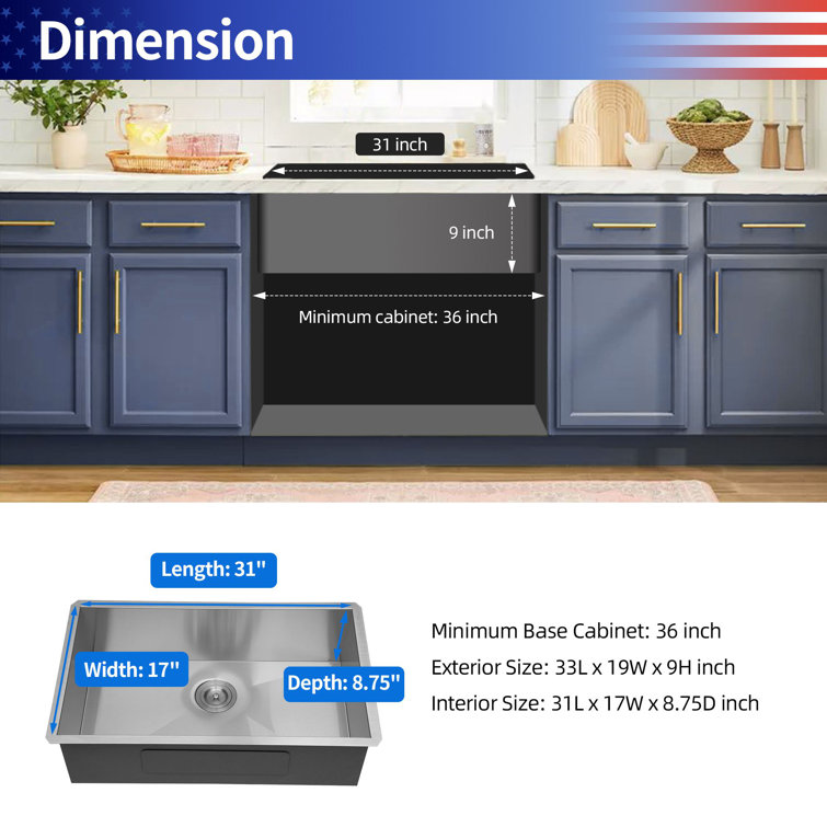 33'' Stainless Steel Undermount Single Bowl Kitchen Sink
