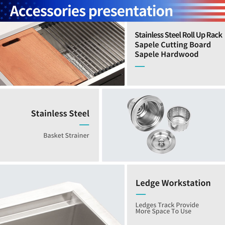33'' Stainless Steel Undermount Single Bowl Kitchen Sink with Accessories