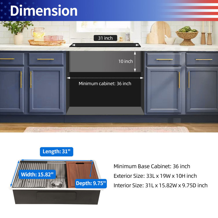 33'' Stainless Steel Undermount Single Bowl Kitchen Sink with Accessories