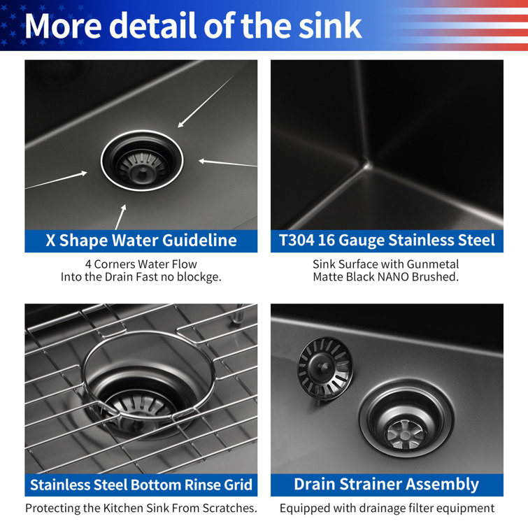 32'' Gunmetal Black Stainless Steel Undermount Kitchen Sink