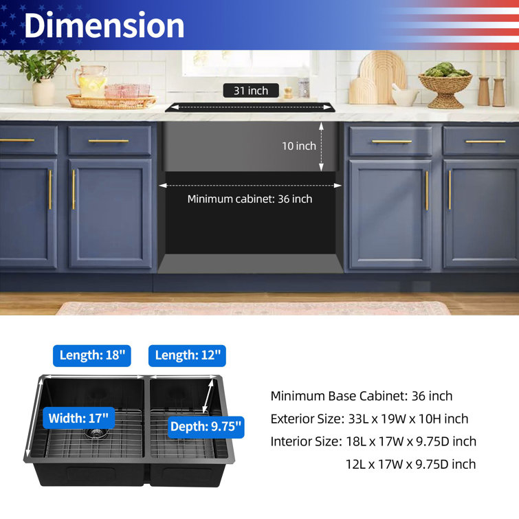 33'' Stainless Steel Undermount Double Bowl Kitchen Sink