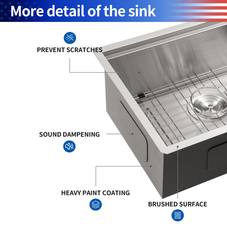 33'' Stainless Steel Undermount Single Bowl Kitchen Sink with Accessories