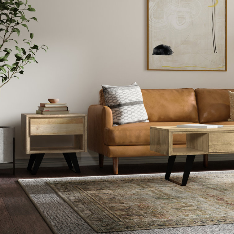 Natural Mango Wood and Metal End Table with Storage