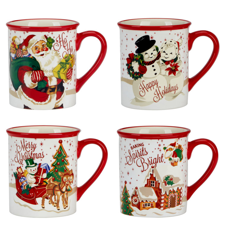 Santa's Retro Christmas Ceramic Red 18oz Mug Set