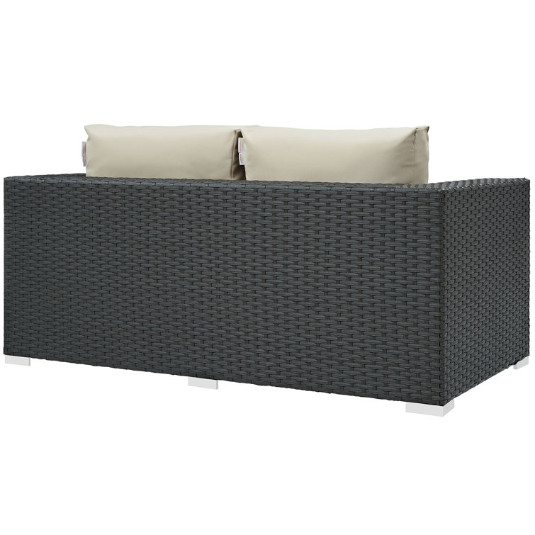 Antique Beige Wicker and Metal Outdoor Patio Loveseat