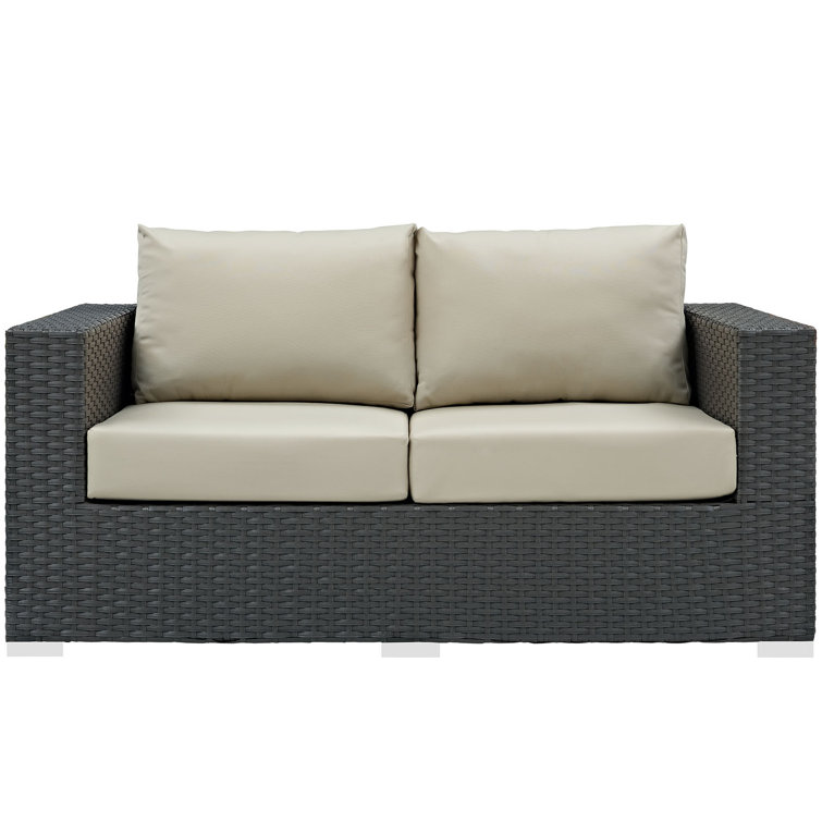 Antique Beige Wicker and Metal Outdoor Patio Loveseat
