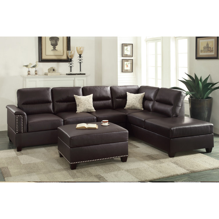 Espresso Faux Leather 3-Piece Sectional Sofa with Ottoman