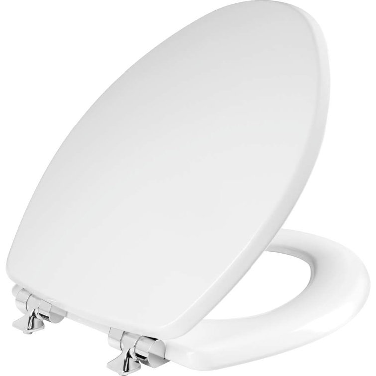 Elongated White Gloss Enameled Wood Toilet Seat with Chrome Hinges