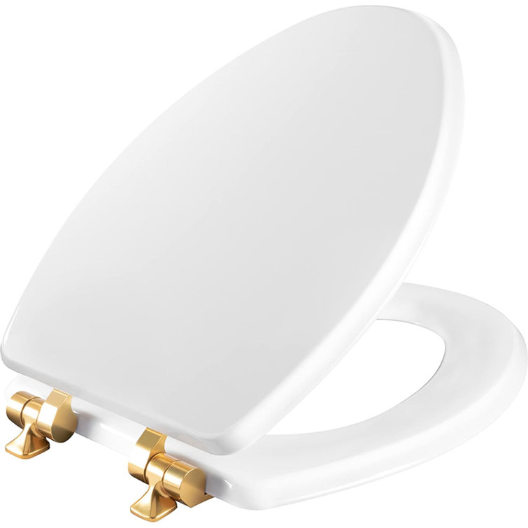 White Elongated Wood Toilet Seat with Brushed Gold Hinges