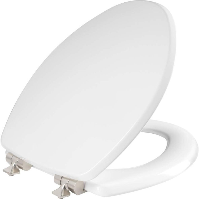 White Gloss Elongated Enameled Wood Toilet Seat with Brushed Nickel Hinges