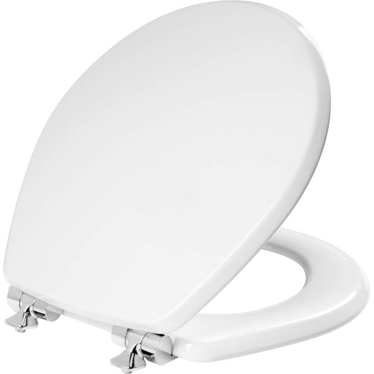 White Round Soft Close Enameled Wood Toilet Seat with Chrome Hinges