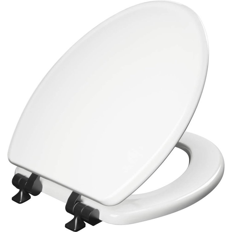White Gloss Elongated Toilet Seat with Matte Black Metal Hinges