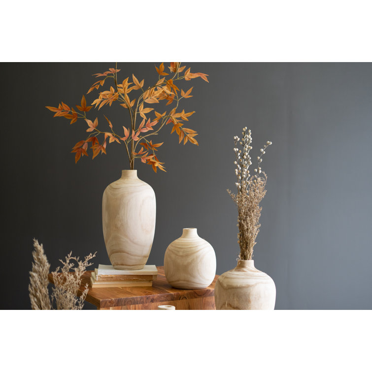 Set of Five Carved Paulownia Wood Round Vases
