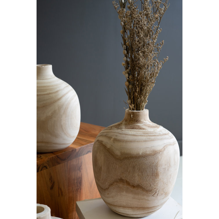 Set of Five Carved Paulownia Wood Round Vases