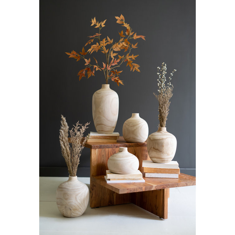 Set of Five Carved Paulownia Wood Round Vases