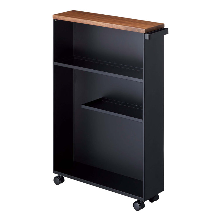 Black Adjustable Slim Rolling Bathroom Cart with Wood Top