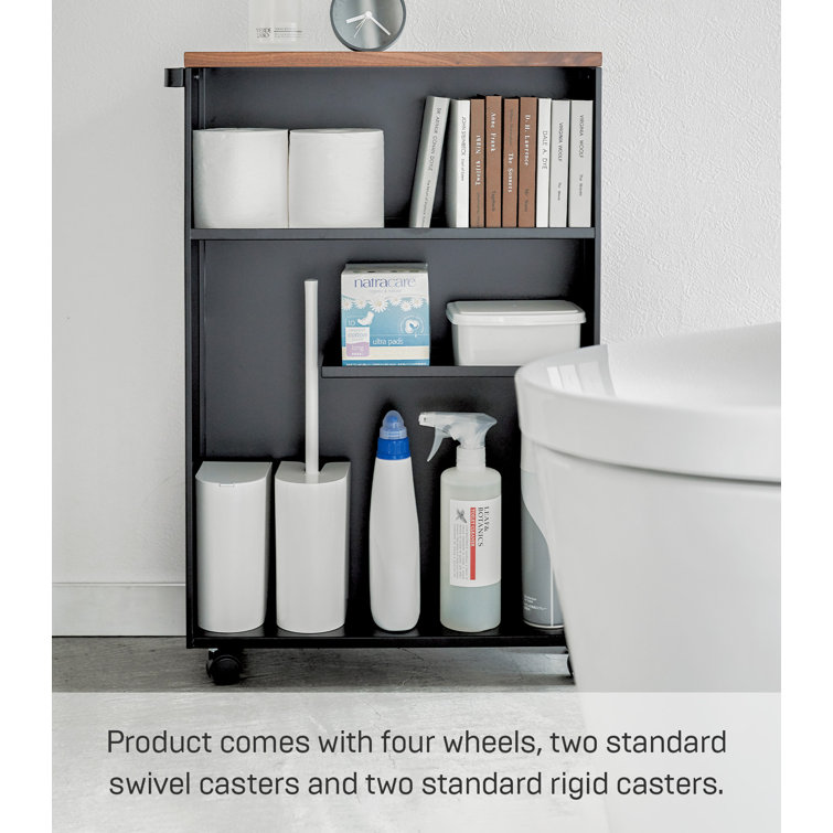 Black Adjustable Slim Rolling Bathroom Cart with Wood Top